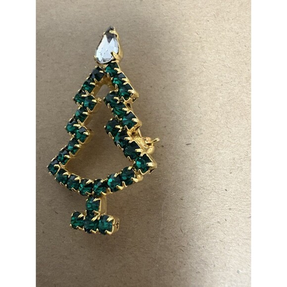 Goldtone Green And Clear Christmas Tree Pin/brooch - Picture 1 of 7